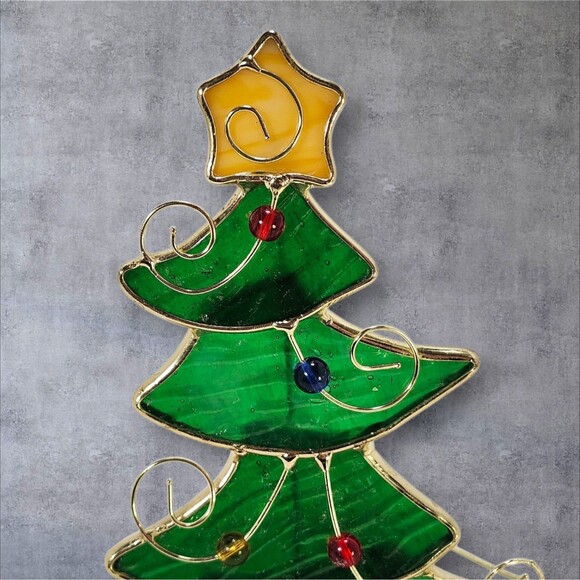 Vintage Stained Glass Christmas Tree Tea Light Candle Holder 7" Holiday Decor - Picture 8 of 12
